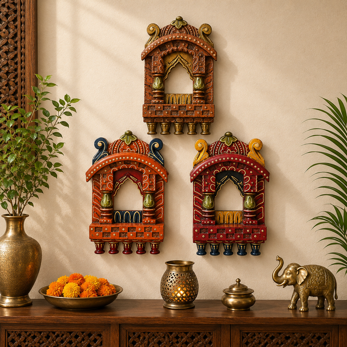 Wooden Jharokha Mirror Set Of 3 Multy