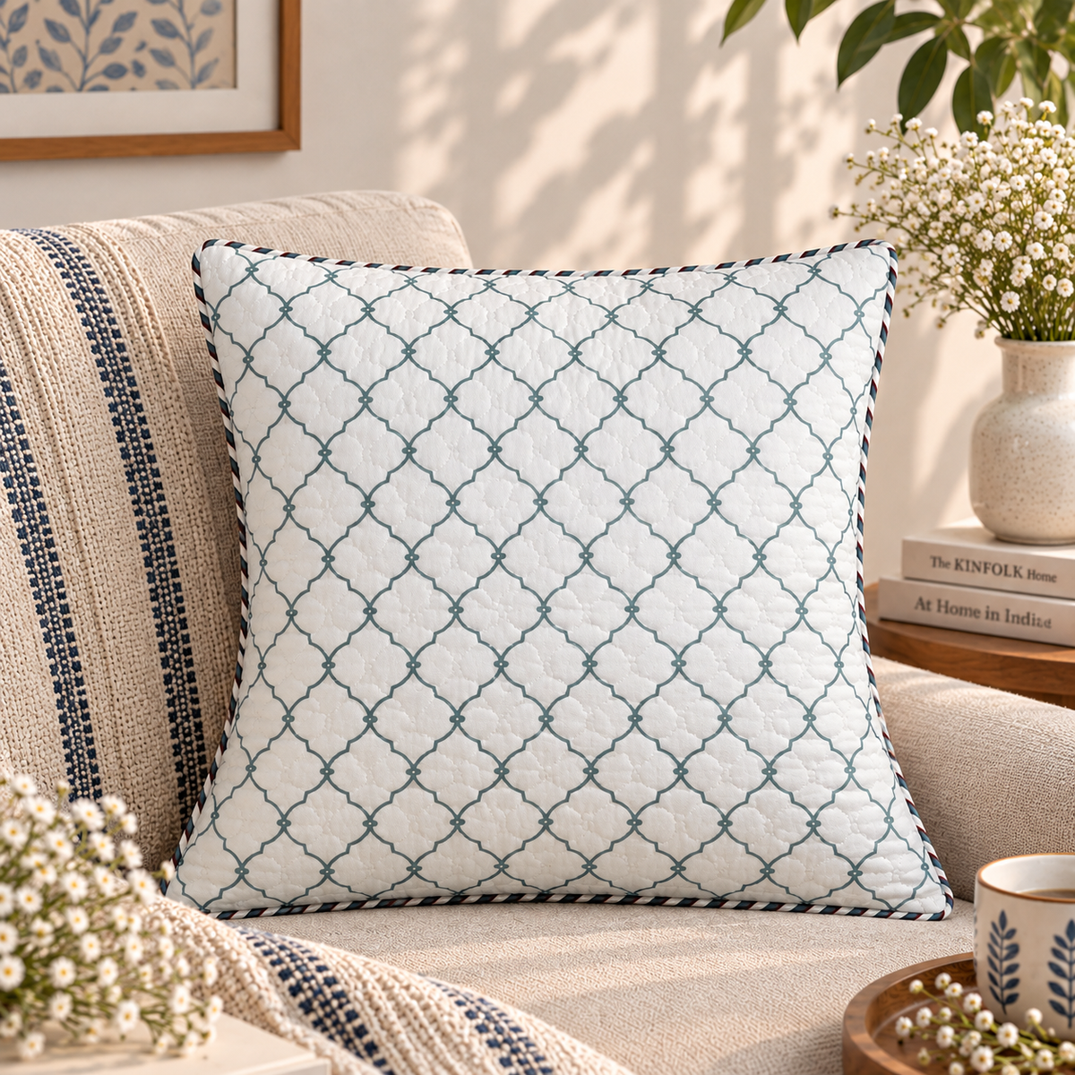 Quilted Sanganeri Block Printed Cushion Covers Set Of 5