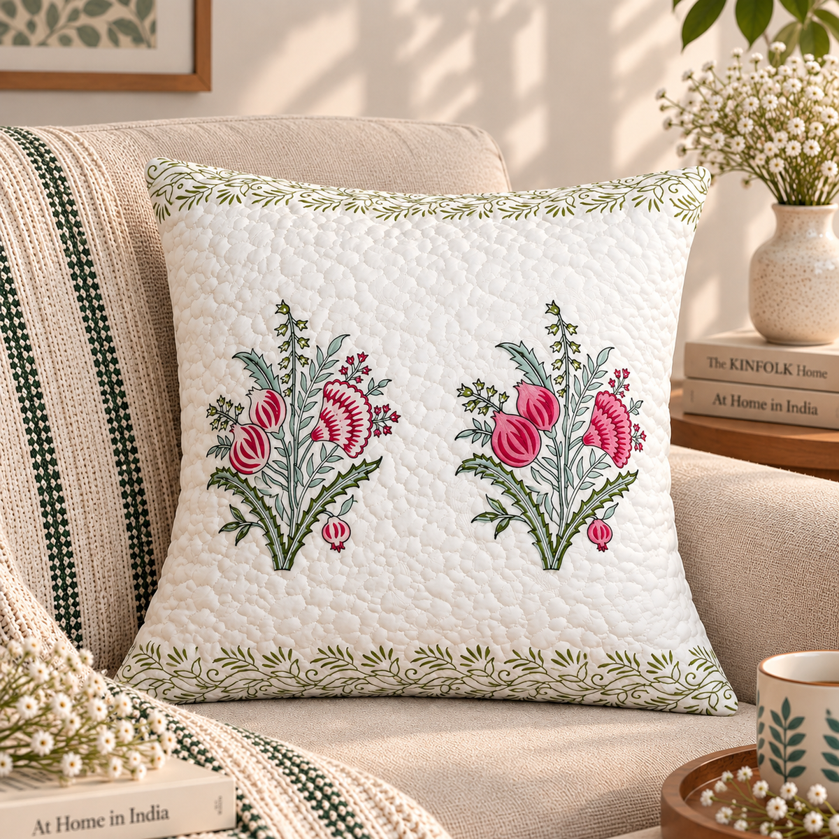 Sanganeri Block Printed Quilted Cushion Cover Set Of 5
