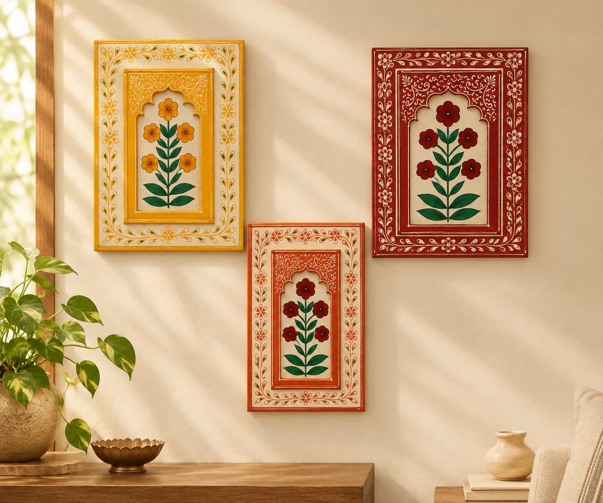 Wooden Floral Set of 3 Handpainted Frames
